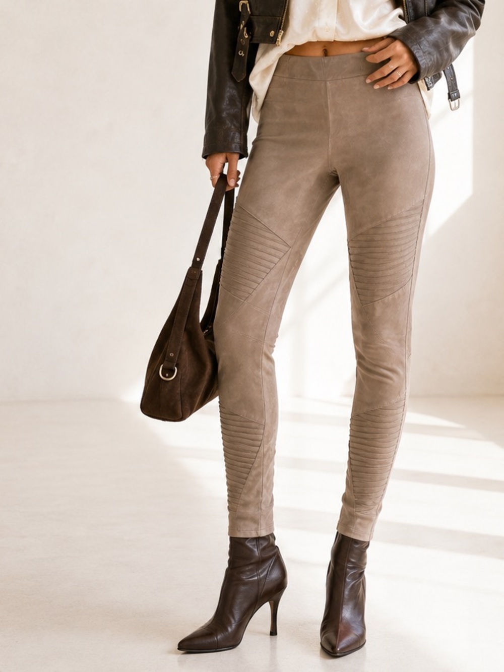 7 For All Mankind Faux Leather Moto Leggings High Rise Taupe Size L